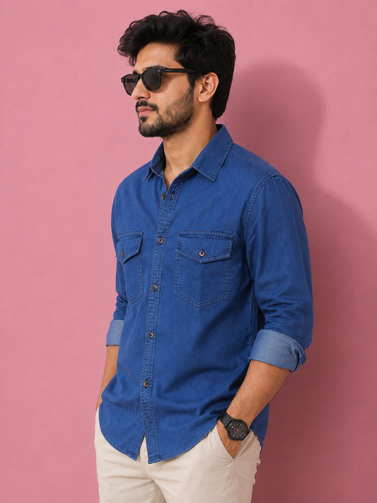 Dark Blue | Premium Men’s Denim Double Pocket Shirt
