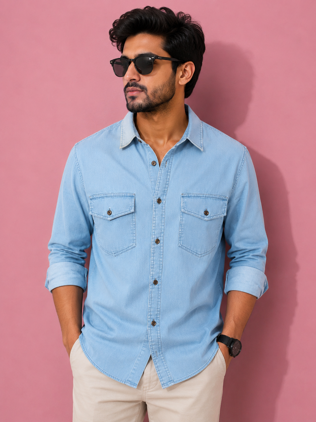 Light Blue | Premium Men’s Denim Double Pocket Shirt