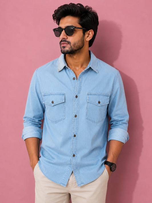 Light Blue | Premium Men’s Denim Double Pocket Shirt
