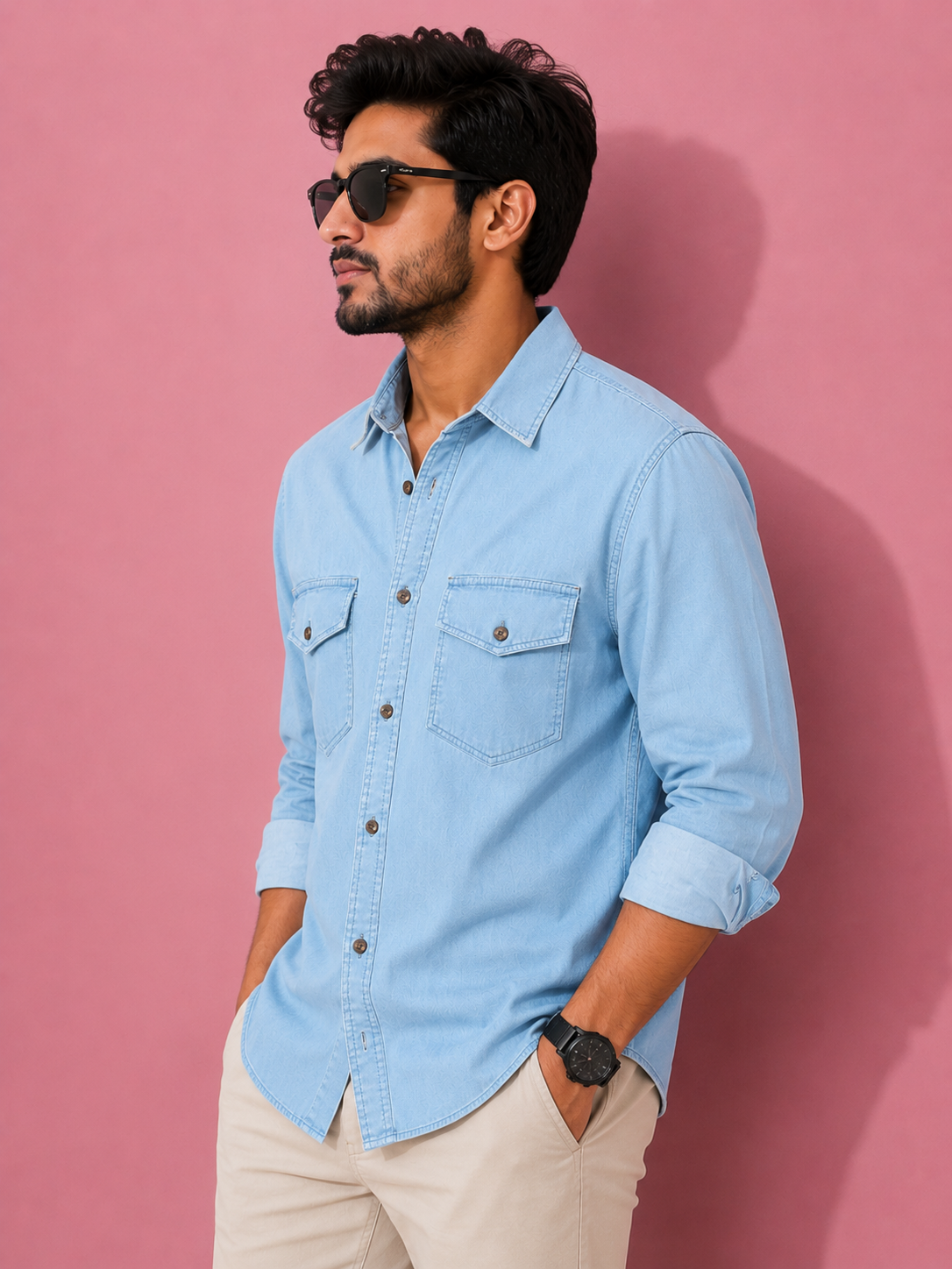 Light Blue | Premium Men’s Denim Double Pocket Shirt