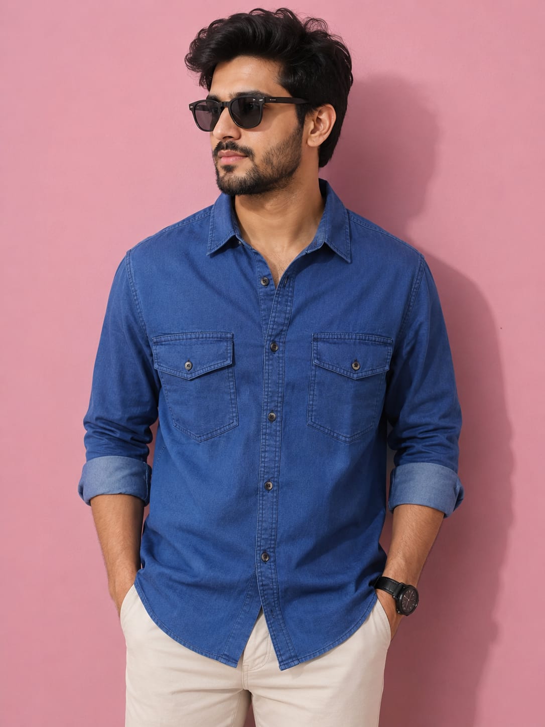 Dark Blue | Premium Men’s Denim Double Pocket Shirt